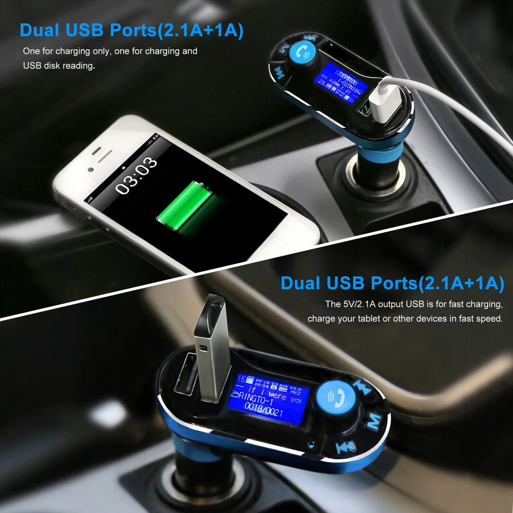 Car charger with dual USB ports (2.1A+1A) for fast charging and USB disk reading, featuring a display screen and compatibility with smartphones and tablets.