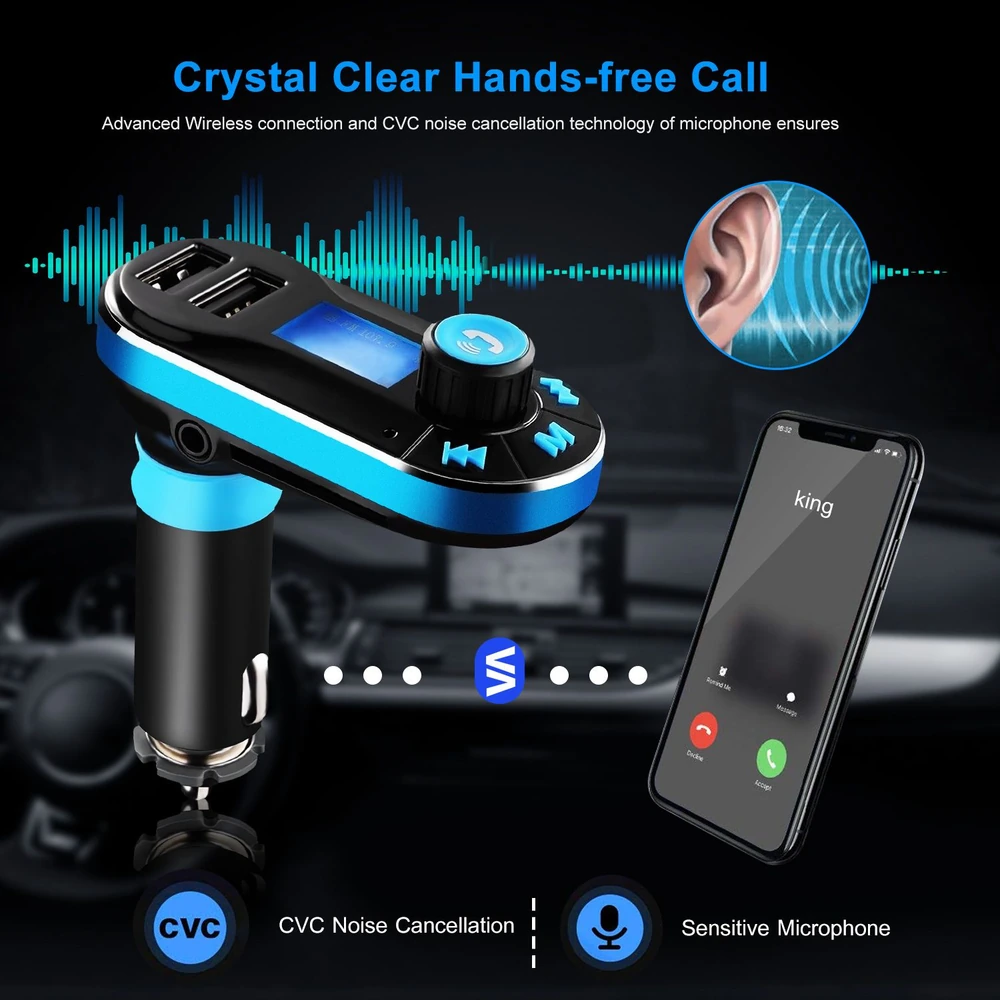 Wireless car Bluetooth transmitter with hands-free calling, CVC noise cancellation, dual USB ports, and a display screen, showcasing a smartphone receiving a call in a car environment.