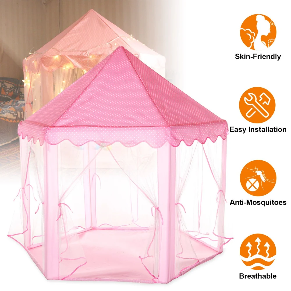 Pink polka dot children's play tent with breathable mesh sides, easy installation, and mosquito protection, perfect for imaginative play indoors or outdoors.