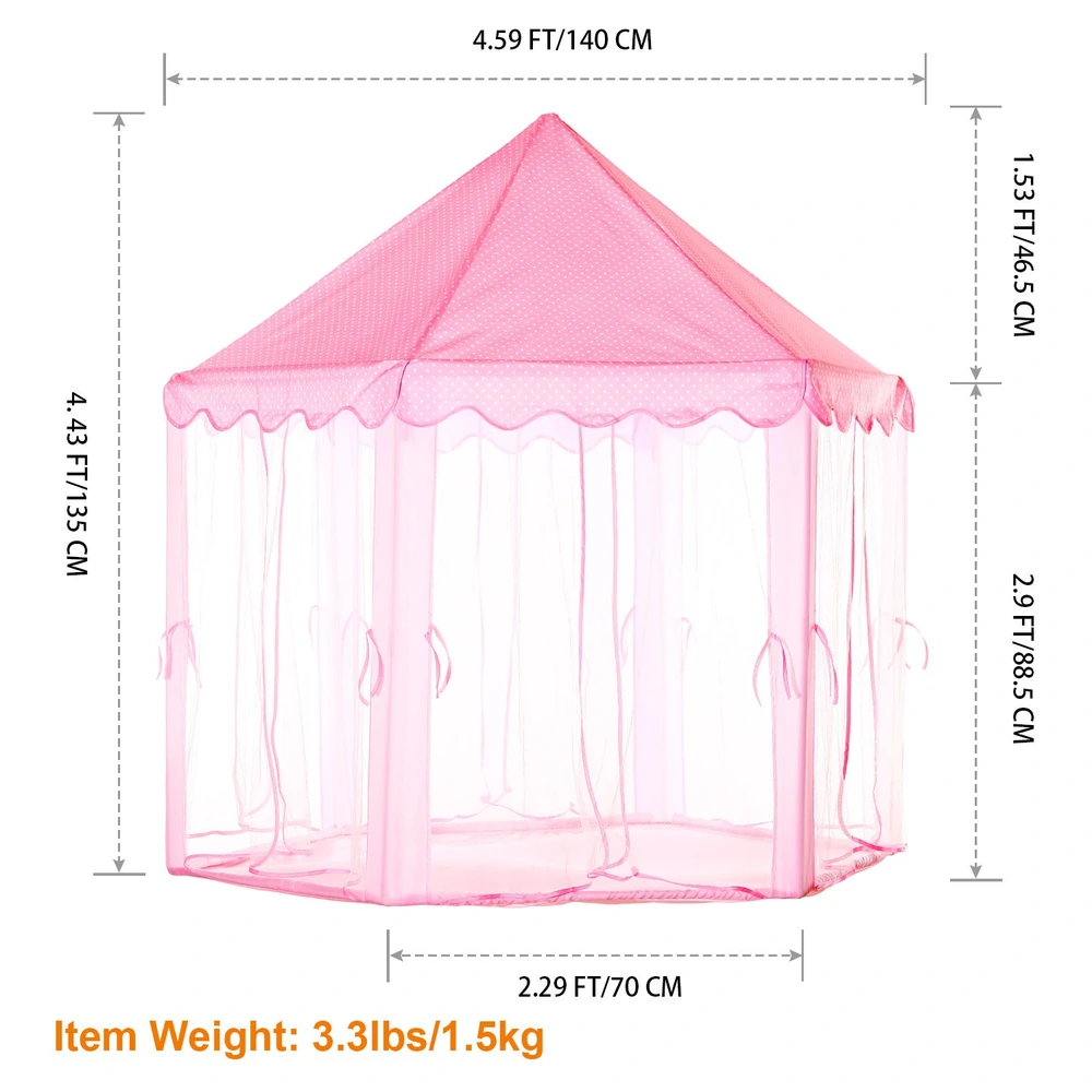 Pink children's play tent with a mesh design, dimensions of 4.59 FT x 4.43 FT x 2.29 FT, ideal for indoor and outdoor imaginative play.