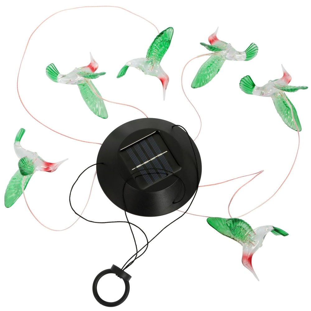 Solar-powered hummingbird decorations with six colorful, translucent hummingbirds and a black solar panel base for outdoor lighting.
