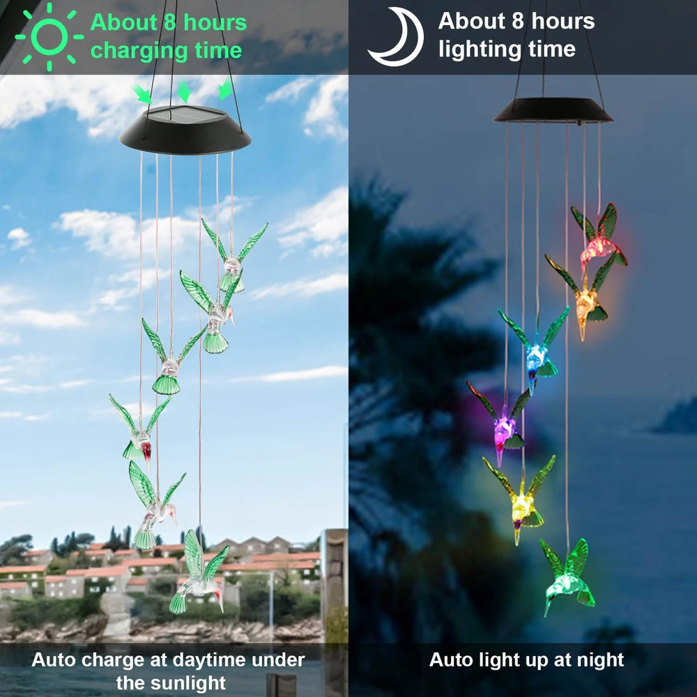 Solar-powered hummingbird wind chime with vibrant LED lights, showcasing daytime charging under sunlight and evening lighting, perfect for garden decoration.
