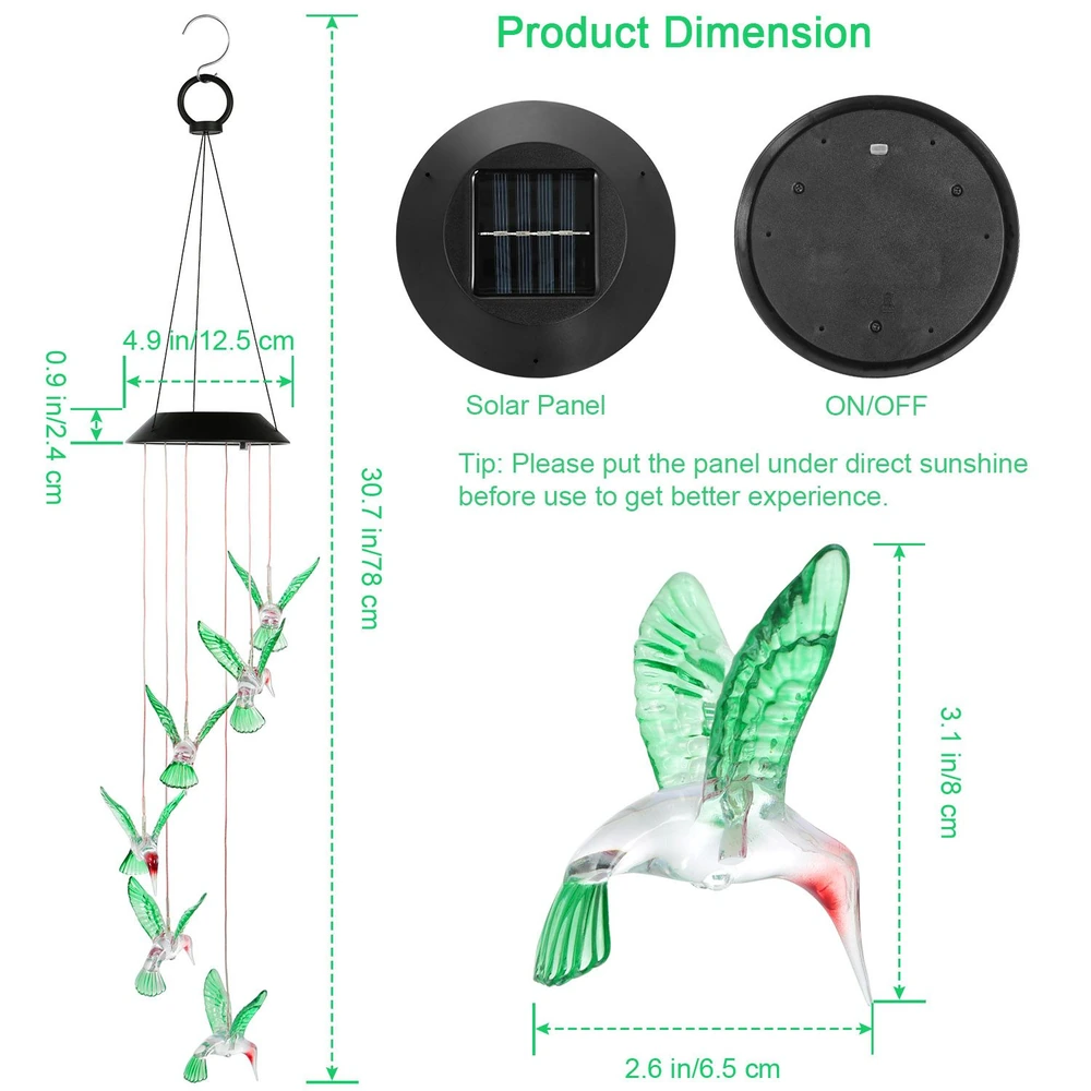 Colorful solar-powered hummingbird mobile with six glass hummingbirds, adjustable height, and a solar panel for outdoor decoration.