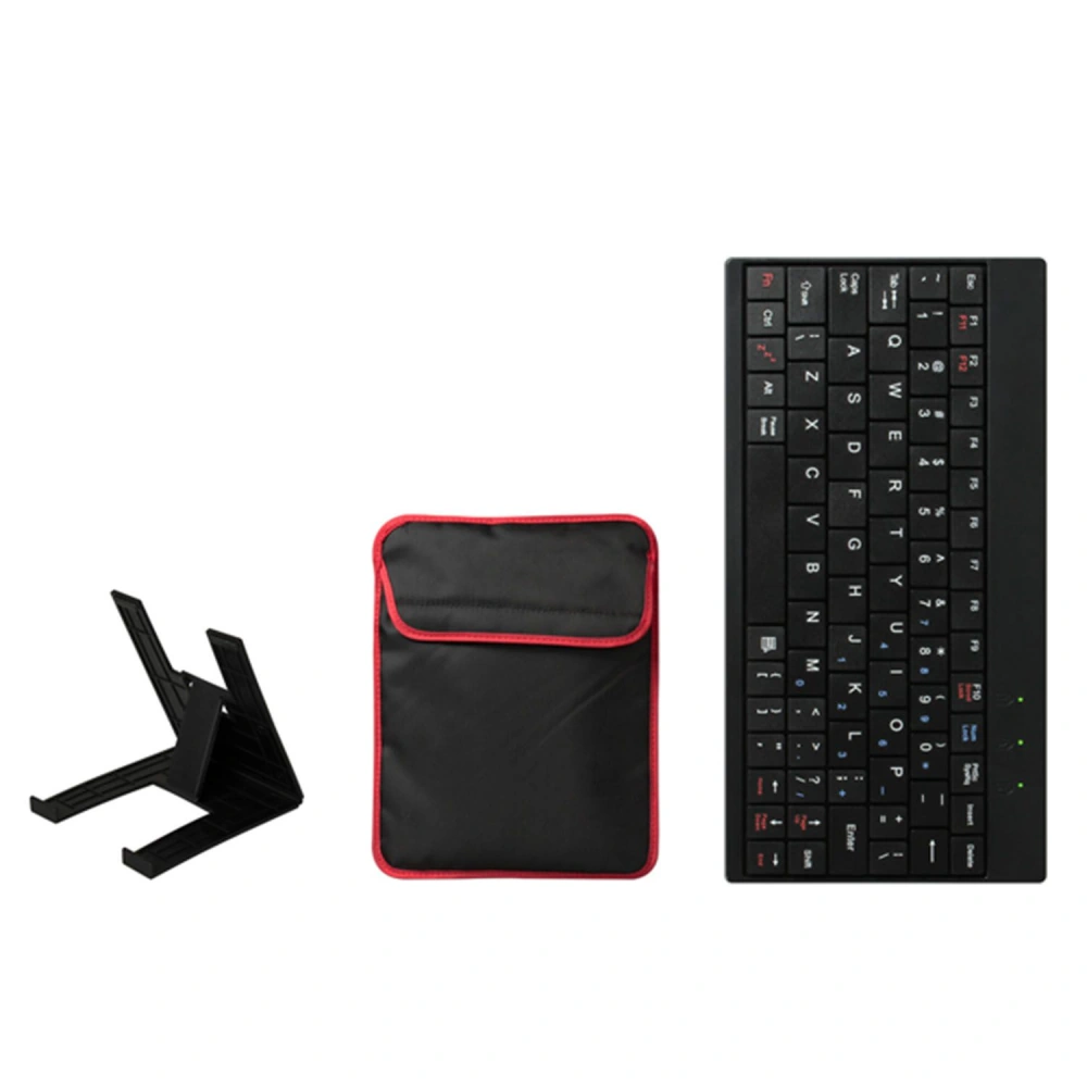 Wireless keyboard with black keys, red accents, a foldable stand, and a black carrying pouch with red trim, ideal for portable use.