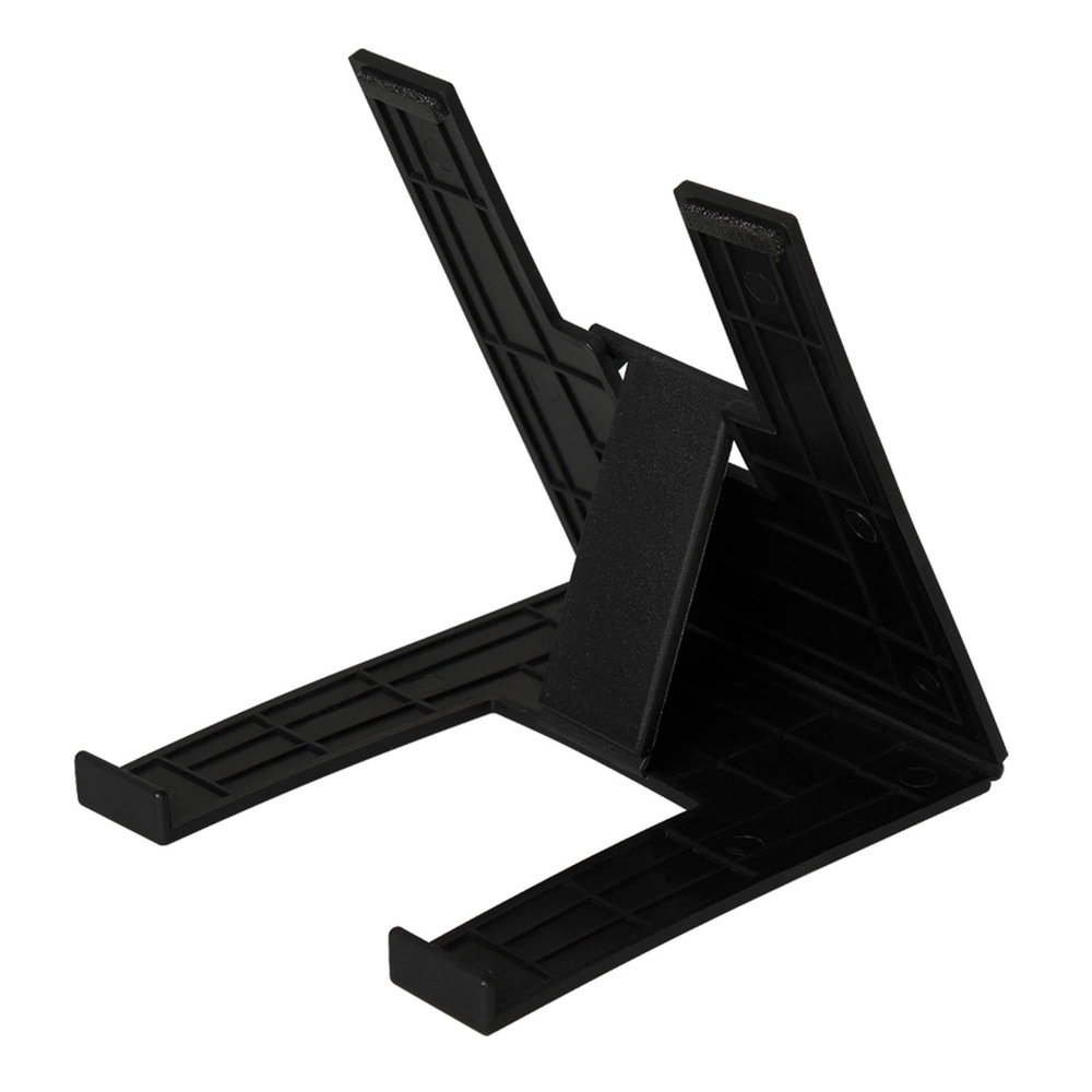 Black adjustable stand for books, tablets, or displays, featuring an ergonomic design and stable base for optimal viewing angles.