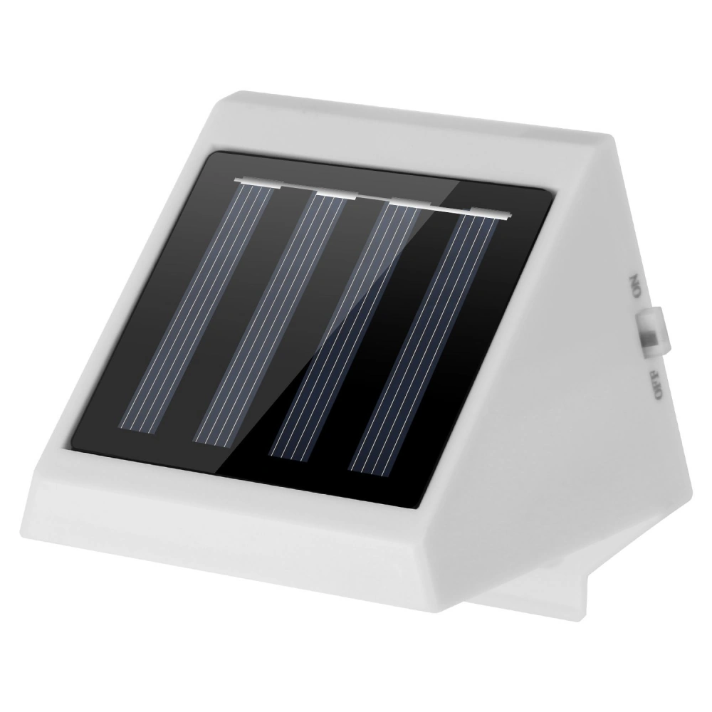 Solar-powered outdoor light with a sleek white design and multiple solar panels for efficient energy capture.