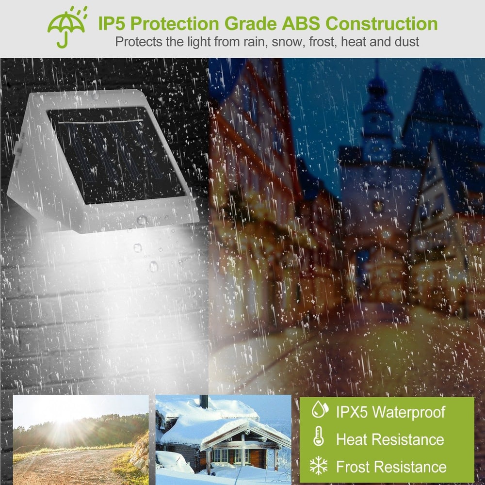Solar outdoor light with IPX5 waterproof rating, showcasing durability against rain, snow, and heat, ideal for enhancing nighttime visibility in various weather conditions.