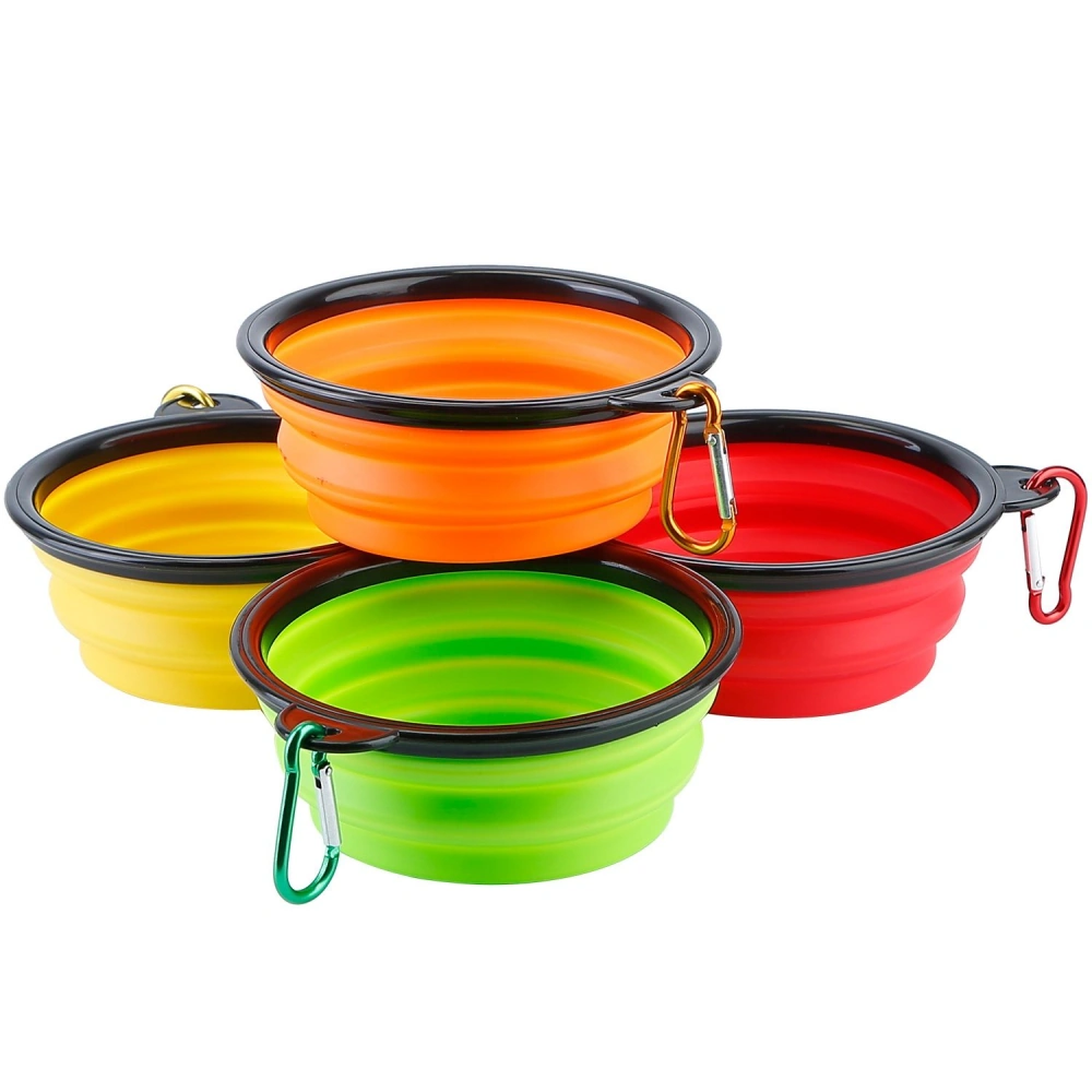 Set of four collapsible silicone pet bowls in vibrant colors: orange, yellow, green, and red, featuring black rims and carabiner clips for easy portability.