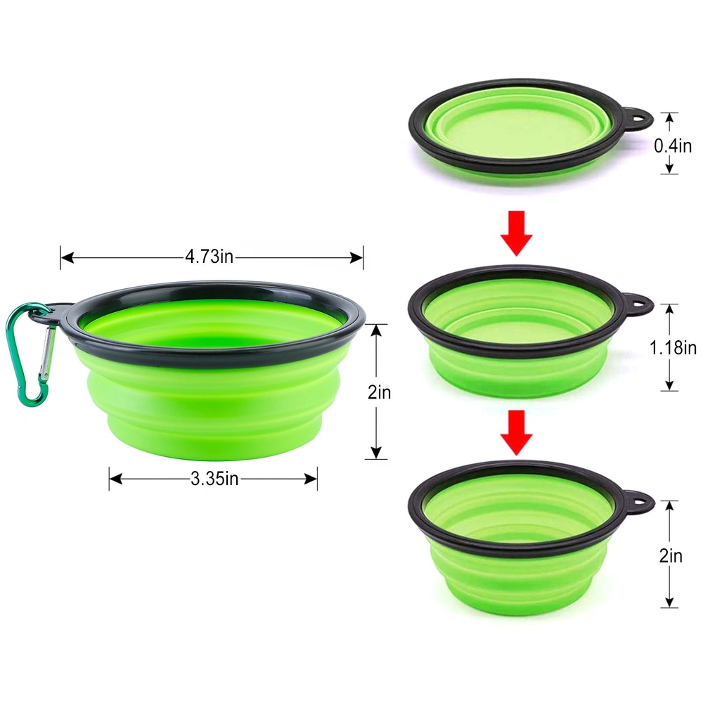 Collapsible green pet bowl with black silicone rim, expandable to various heights, featuring a carabiner clip for easy attachment, dimensions included for convenience.