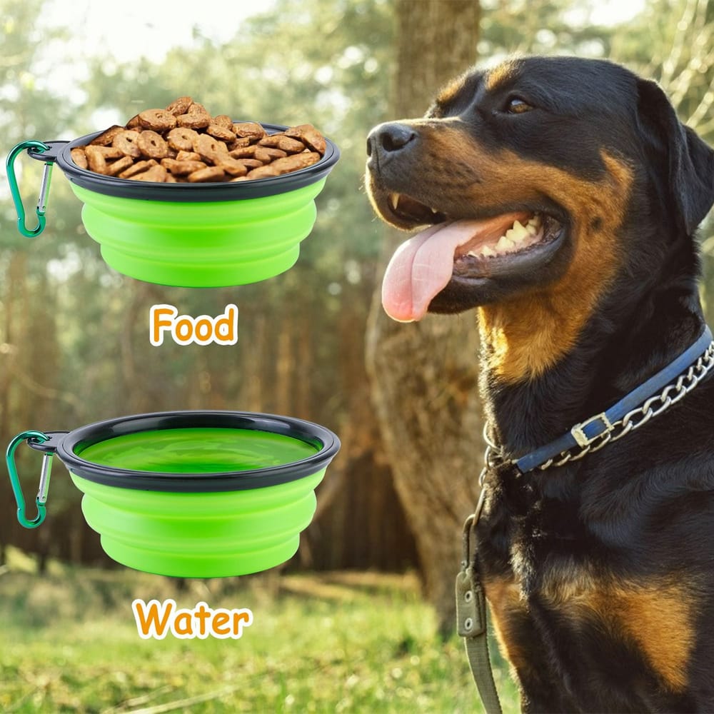 Collapsible dog bowls for food and water, featuring a Rottweiler in a natural setting, showcasing durable design with carabiner for easy travel.