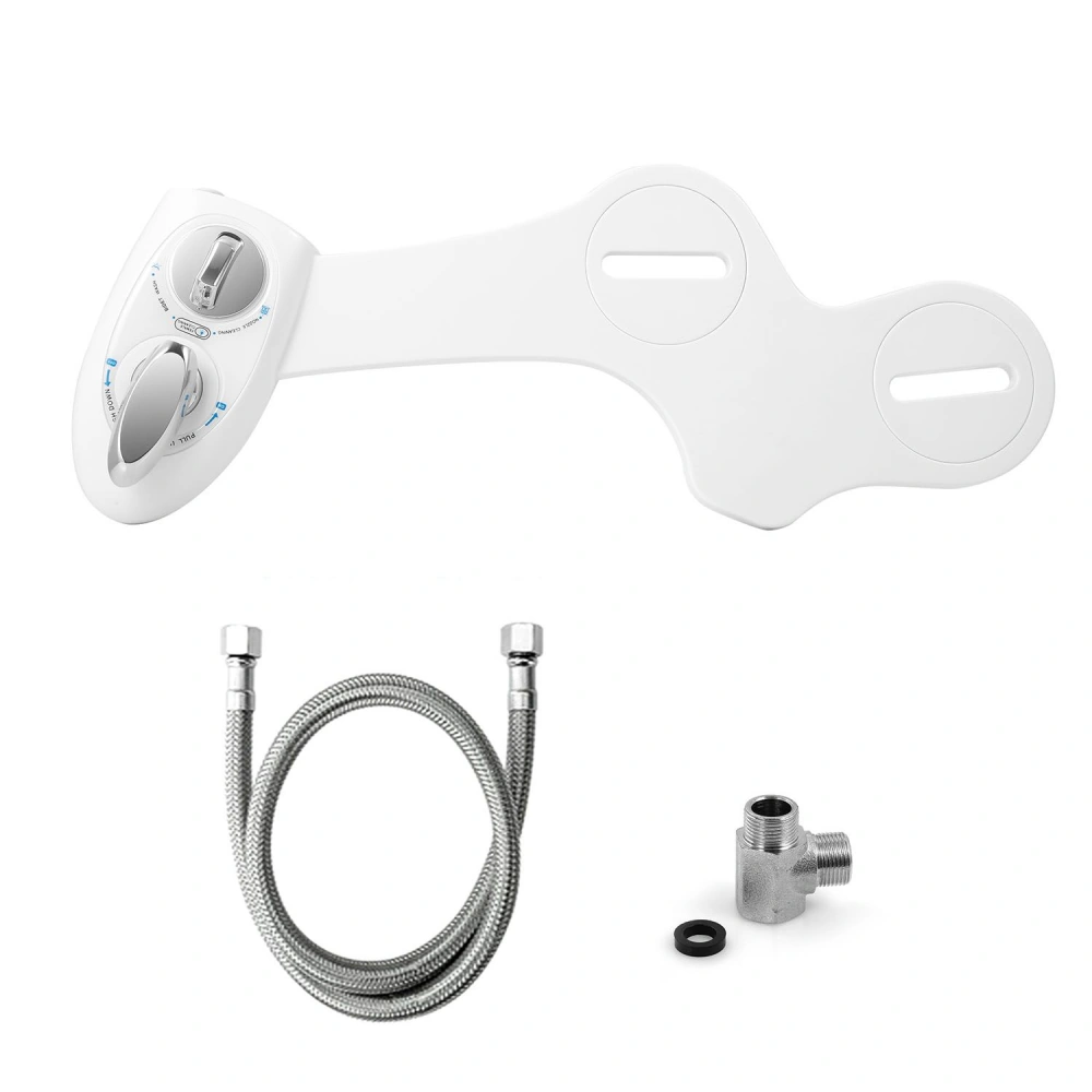 White bidet attachment with temperature controls, stainless steel hose, and T-valve fitting for easy installation and enhanced comfort.