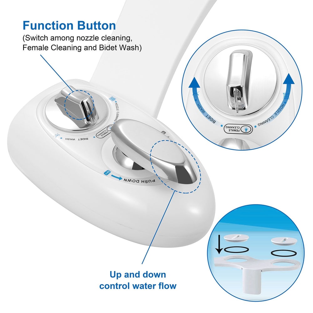 Close-up of a toilet bidet attachment control panel showcasing the function button for nozzle cleaning, female cleaning, and bidet wash, along with up and down water flow control and installation features.
