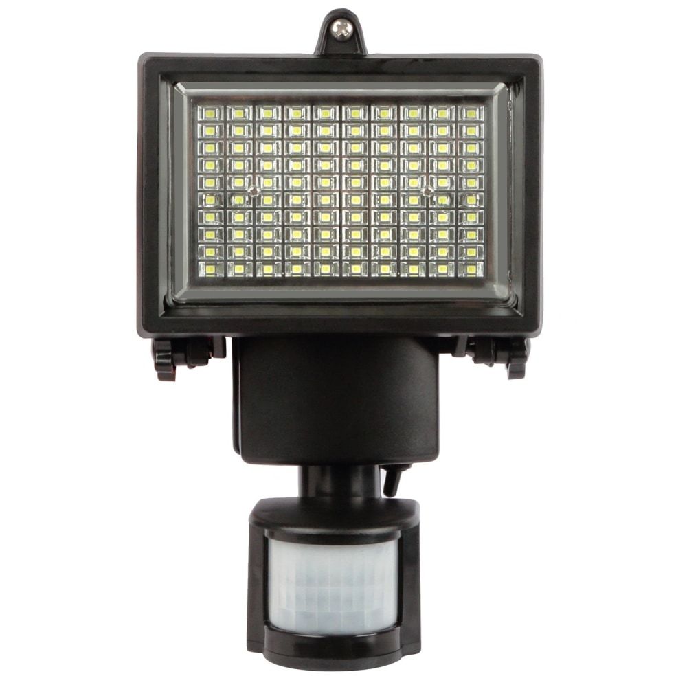 LED flood light with motion sensor, designed for outdoor security lighting, featuring a rectangular light panel with multiple LEDs on a black housing.