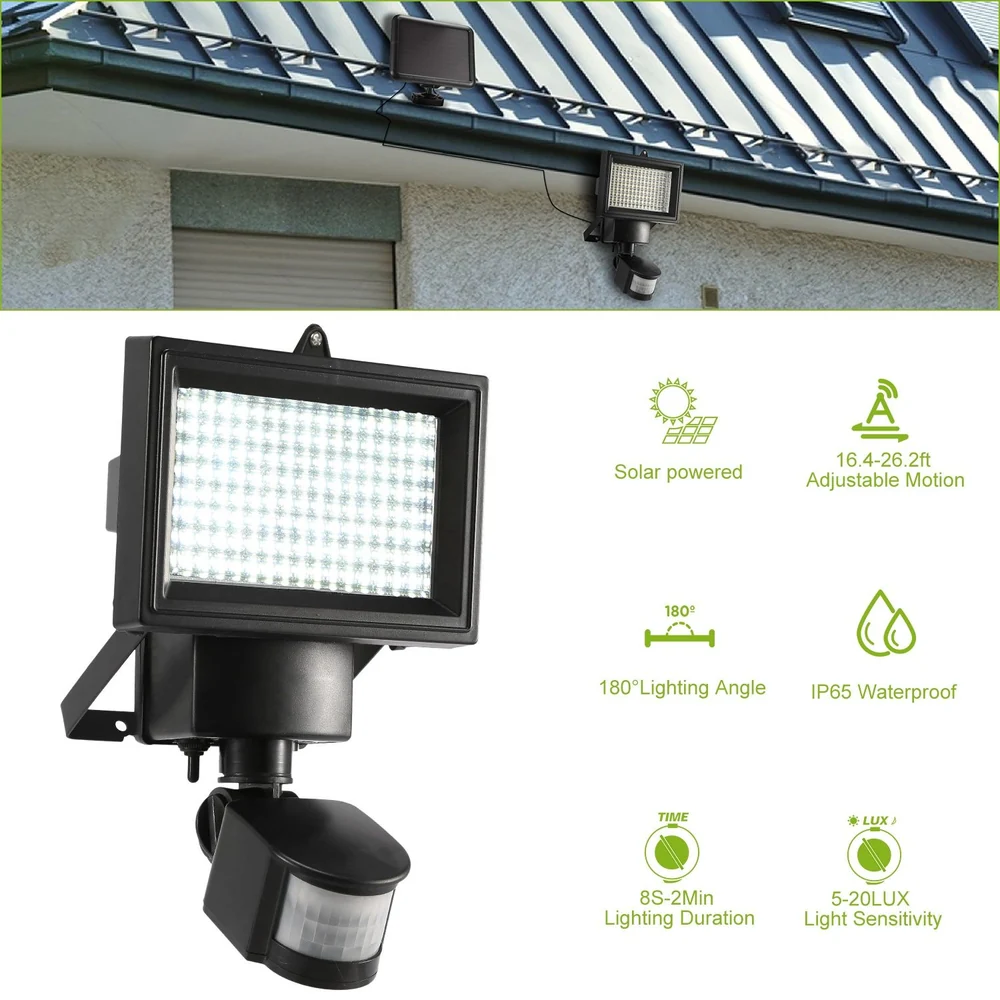 Solar-powered motion sensor floodlight with adjustable range, 180-degree lighting angle, IP65 waterproof rating, and built-in light sensitivity features mounted on a wall.