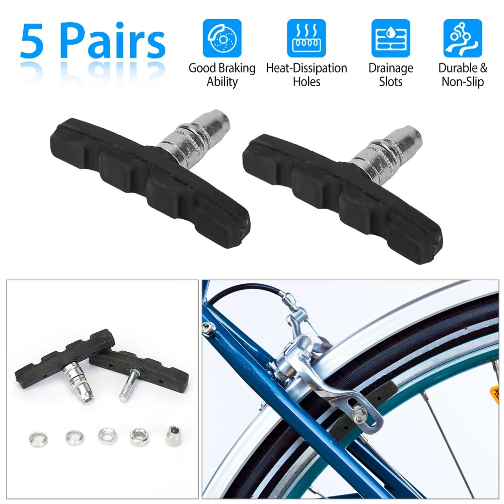 Bike brake pads set with five pairs, featuring heat-dissipation holes, drainage slots, and durable non-slip design for enhanced braking performance.