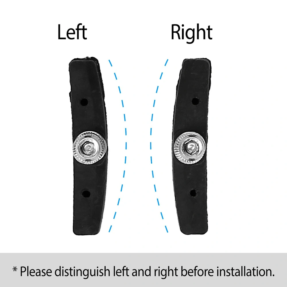 Black bicycle brake pads labeled "Left" and "Right," showcasing their distinct shapes and installation instructions for proper use.