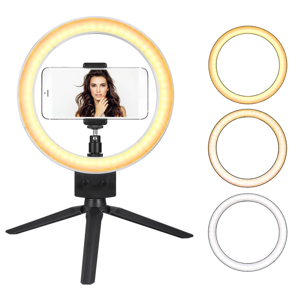 Ring light with adjustable brightness and color temperature, featuring a smartphone holder, mounted on a sturdy tripod, accompanied by additional light ring options. Perfect for selfies, live streaming, and professional photography.