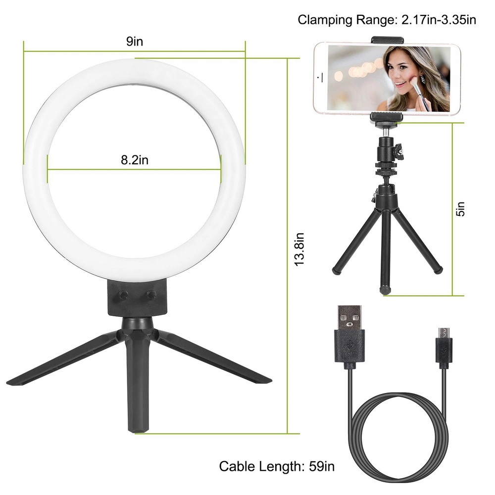 Ring light with adjustable tripod stand for smartphones, dimensions 9 inches diameter, 13.8 inches height, USB powered with a 59-inch cable, featuring a clamping range of 2.17 to 3.35 inches. Perfect for photography and video recording.