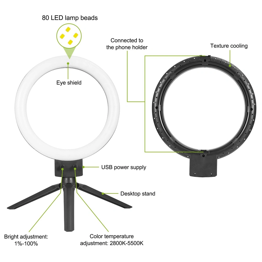 LED ring light with 80 lamp beads, adjustable brightness (1%-100%), and color temperature (2800K-5500K), featuring a desktop stand and USB power supply, ideal for photography and video.