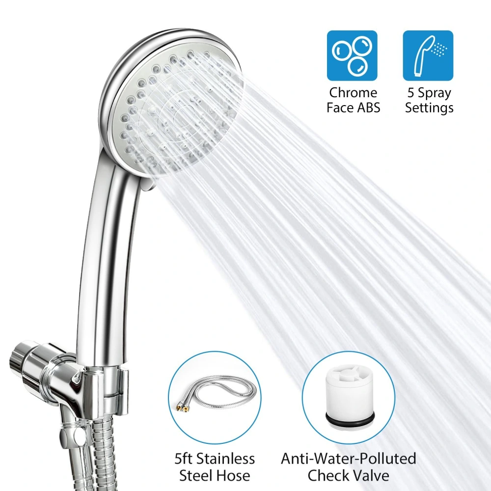 5-function chrome shower head with stainless steel hose, featuring anti-water-polluted check valve and adjustable spray settings.