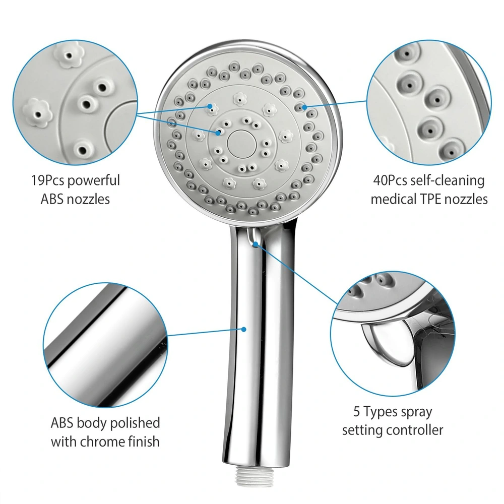 Shower head with 19 powerful ABS nozzles, 40 self-cleaning medical TPE nozzles, a polished chrome finish, and a controller for 5 spray settings.