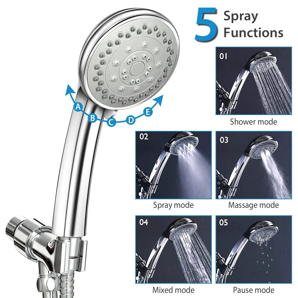 Five-function handheld showerhead with chrome finish, showcasing spray, massage, mixed, pause, and traditional shower modes for customizable bathing experience.