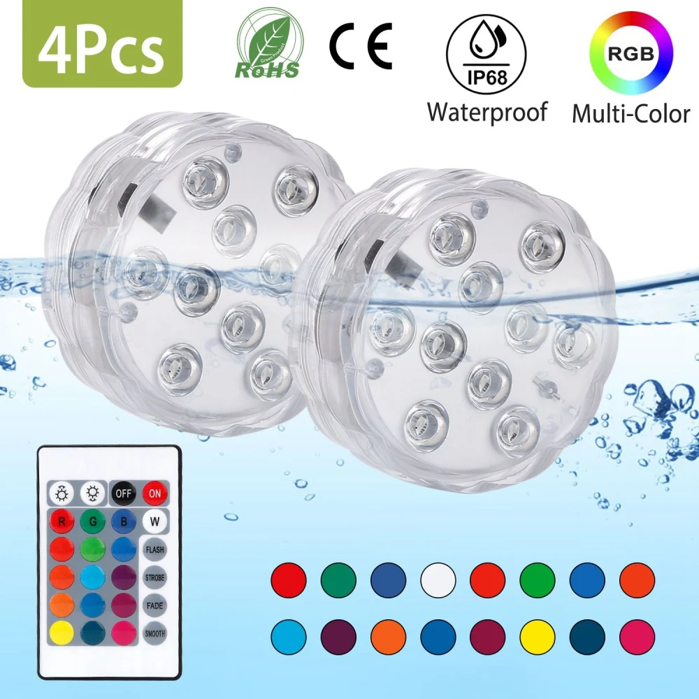 Four waterproof RGB LED submersible lights with remote control for customizable colors and effects, ideal for outdoor events and decorations.