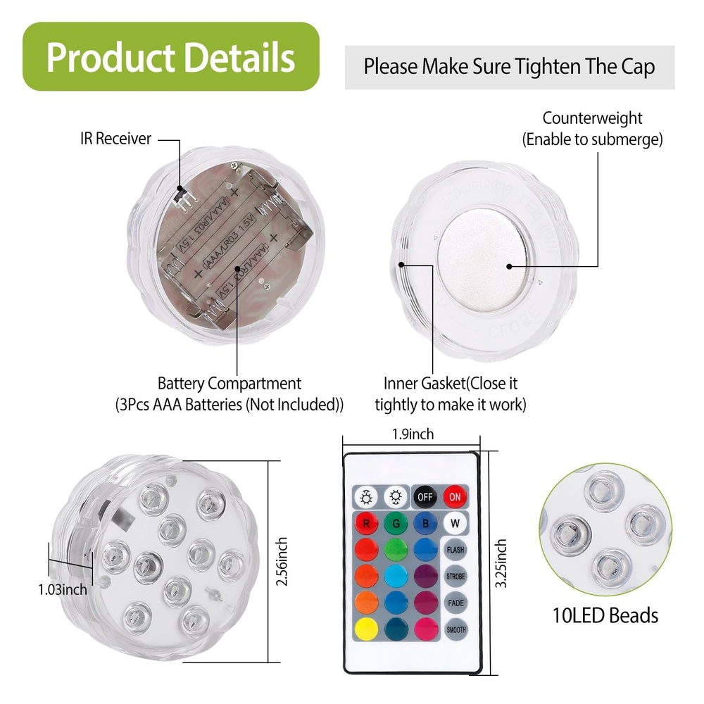 Descriptive product image showing a waterproof LED light with an IR receiver, battery compartment for 3 AAA batteries, tight inner gasket for water resistance, and remote control with various color options and functions, including flash and fade.