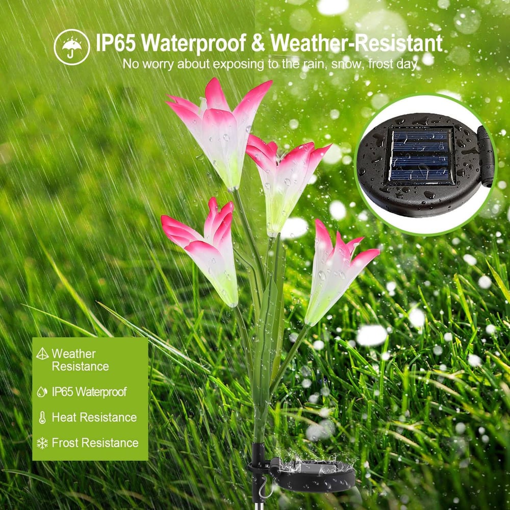 Solar-powered flower lights with IP65 waterproof rating, displaying vibrant pink petals, amidst rain on green grass, highlighting their weather-resistant features.