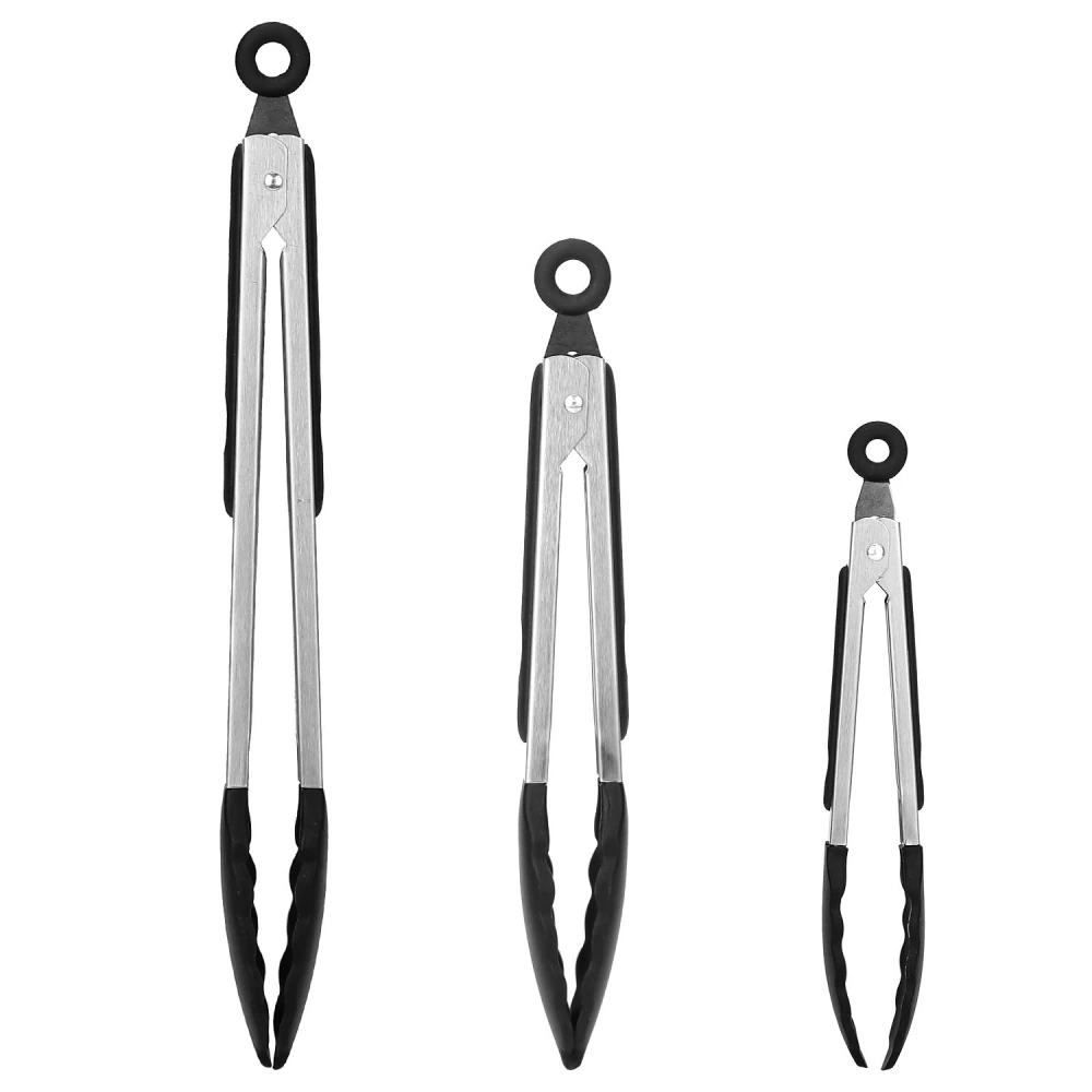 Set of three stainless steel kitchen tongs with black silicone grips, showcasing different sizes for versatile cooking and serving.