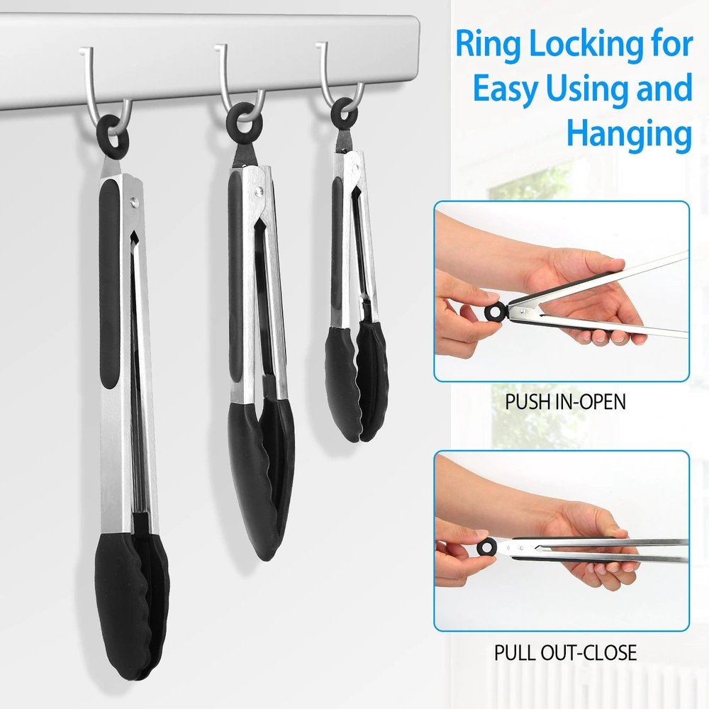 Three stainless steel kitchen tongs with black silicone grips hanging from a wall-mounted rack, featuring an instructional graphic demonstrating the push-to-open and pull-to-close locking mechanism for easy usage.