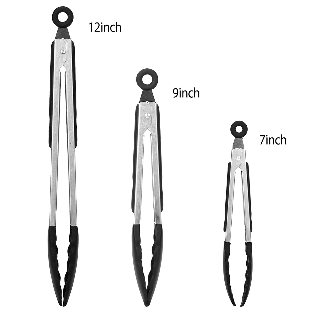 Set of three kitchen tongs in 12-inch, 9-inch, and 7-inch sizes with stainless steel and black silicone grips for easy handling and serving.