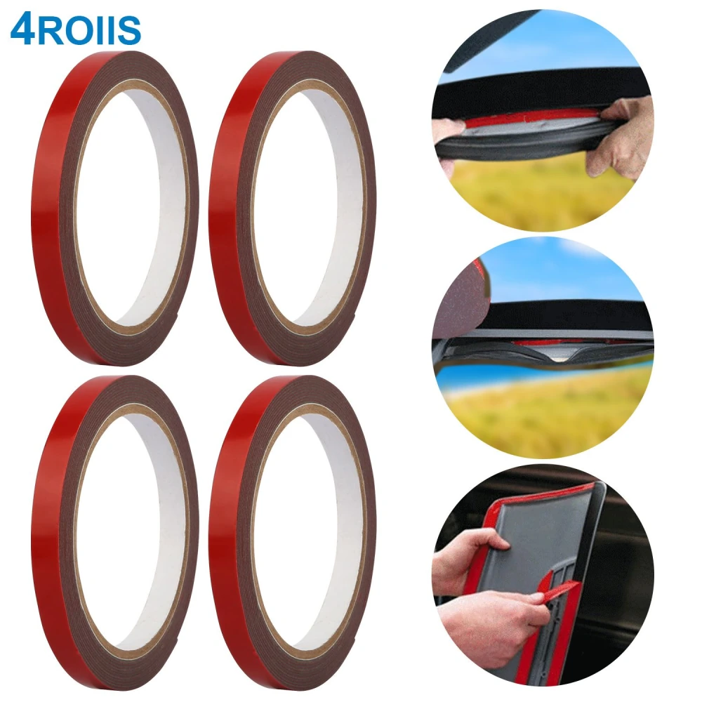Red double-sided adhesive tape rolls, perfect for automotive repairs and crafting, shown in four rolls with application images demonstrating versatility.