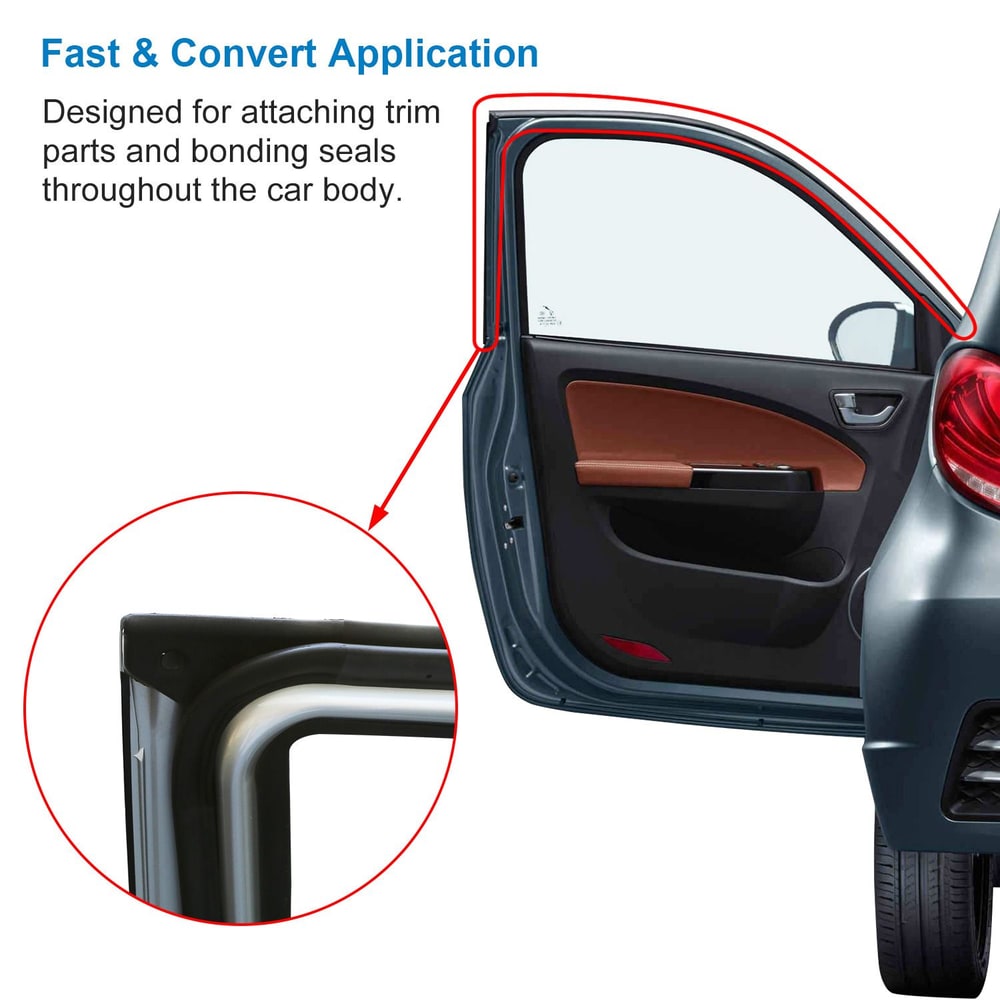 Car door with highlighted sealing area, showcasing trim attachment and bonding seal application for improved vehicle integrity and aesthetics.