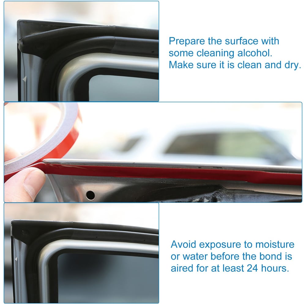 Car window seal installation instructions highlighting surface preparation, adhesive application, and curing tips for optimal sealing.