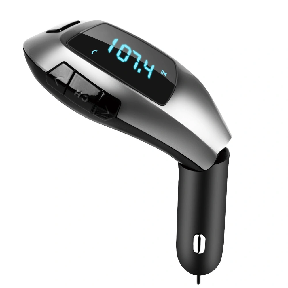 Bluetooth car transmitter with a digital display showing FM frequency 107.4, featuring adjustable buttons for easy control and a sleek black and silver design.