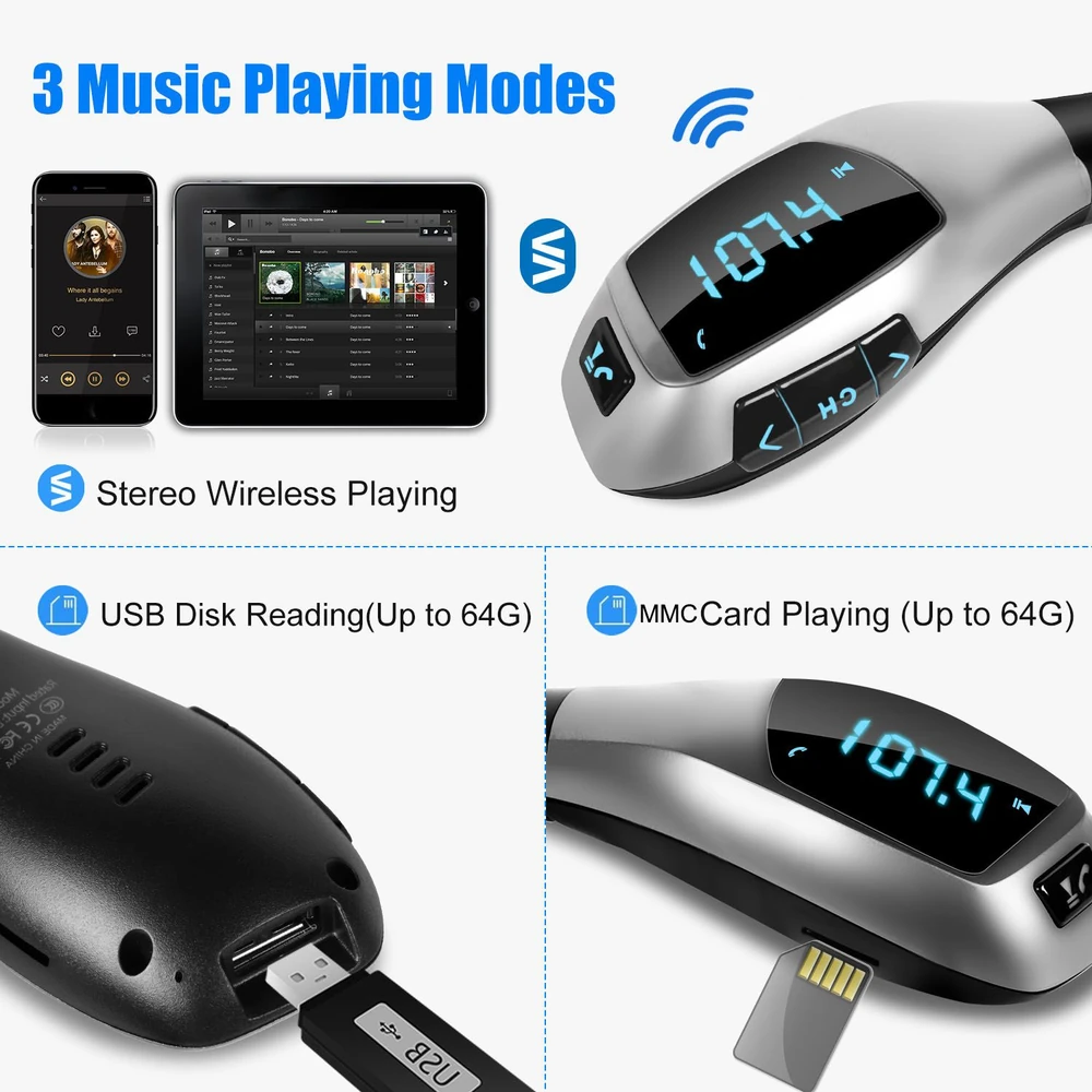 Wireless car FM transmitter with LCD display, supporting USB and MMC card playback up to 64GB, featuring three music playing modes.