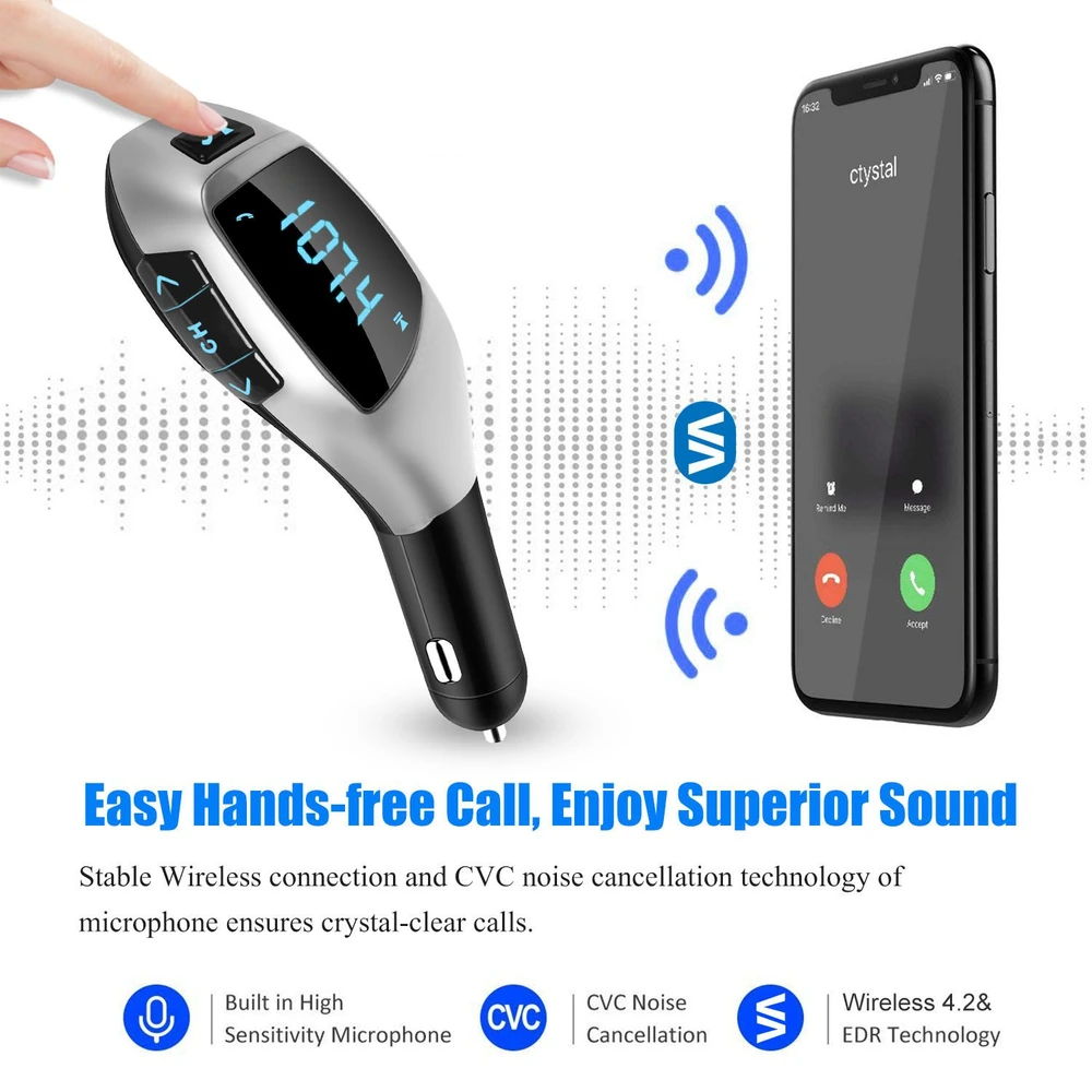 Wireless Bluetooth car adapter with digital display, microphone, and buttons for hands-free calling and crystal-clear sound quality.