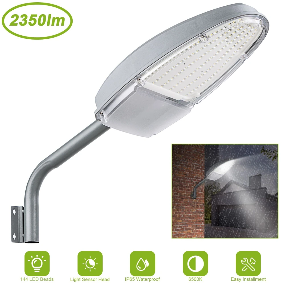 LED outdoor street light with adjustable light sensor head, 2350 lumens, 6500K color temperature, IP65 waterproof rating, featuring 144 energy-efficient LED beads and easy installation.