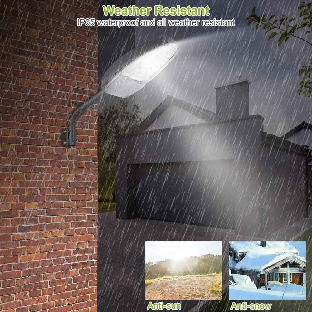 LED outdoor wall light showcasing its IP65 waterproof and weather-resistant features, mounted on a brick wall with rain, sun, and snow graphics illustrating durability in various weather conditions.