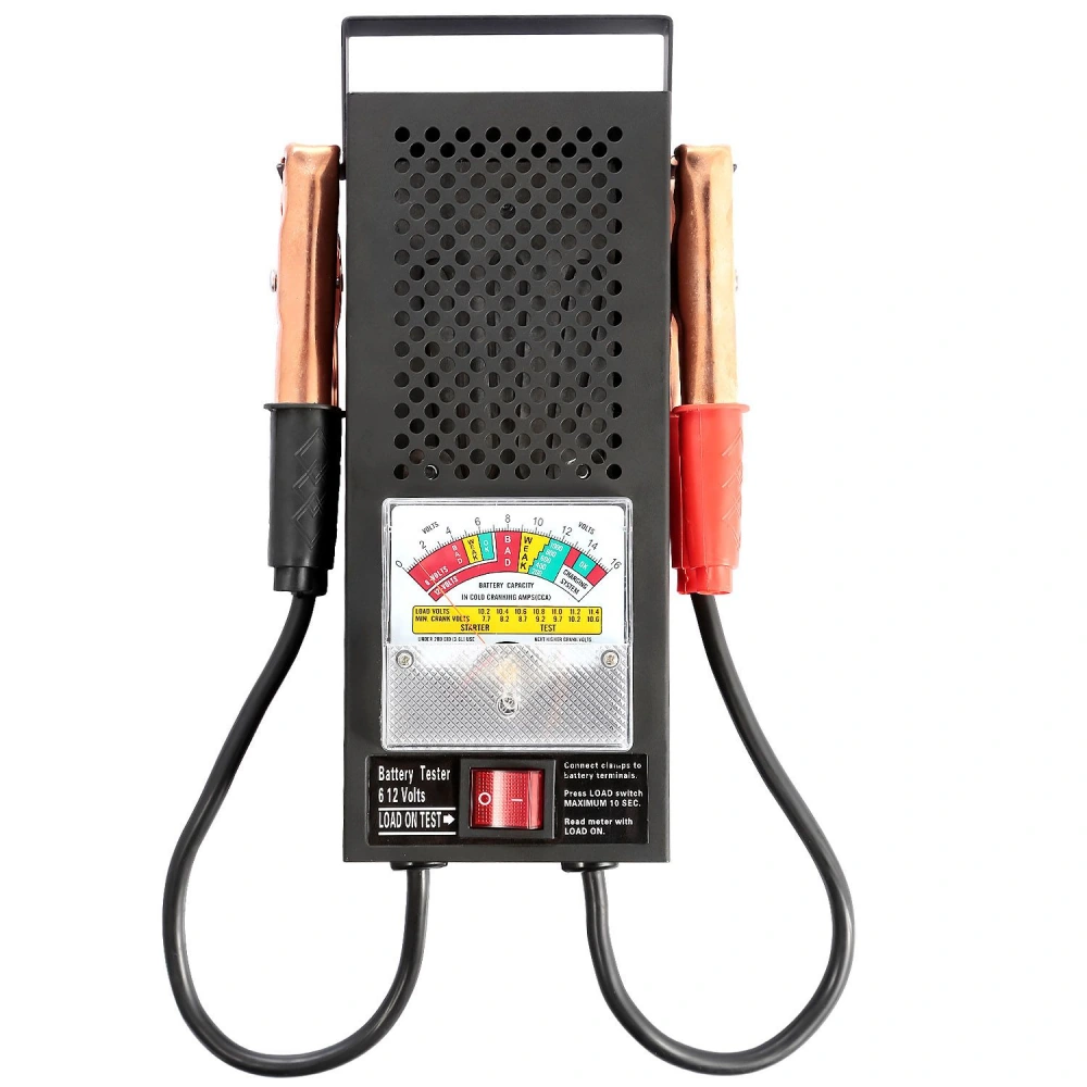 Battery tester with color-coded gauge, copper clamps, and cables for measuring 6 and 12-volt battery capacity.