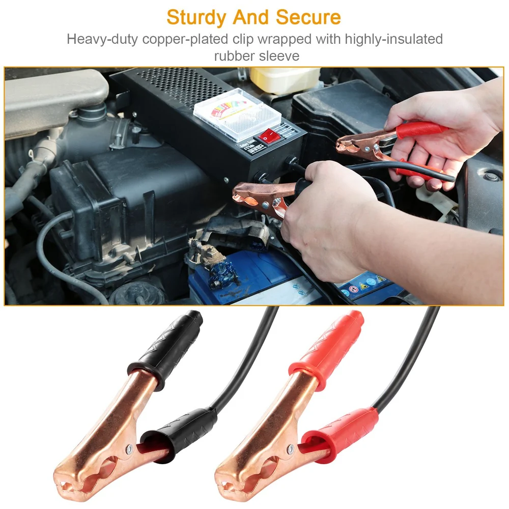 Heavy-duty jumper cables with copper-plated clips, showcasing a user connecting the clips to a car battery, emphasizing safety with insulated rubber sleeves.