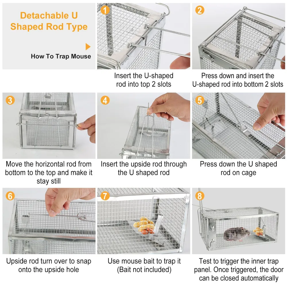 Step-by-step instructions for using a detachable U-shaped rod mouse trap, featuring illustrations for each stage of assembly and baiting, ensuring an efficient trap setup.