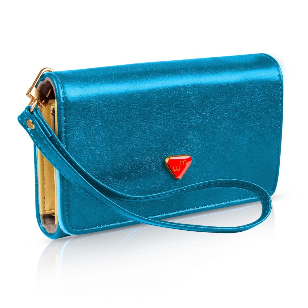 Turquoise faux leather clutch wallet with a gold accents and a detachable wrist strap, featuring a red logo emblem.
