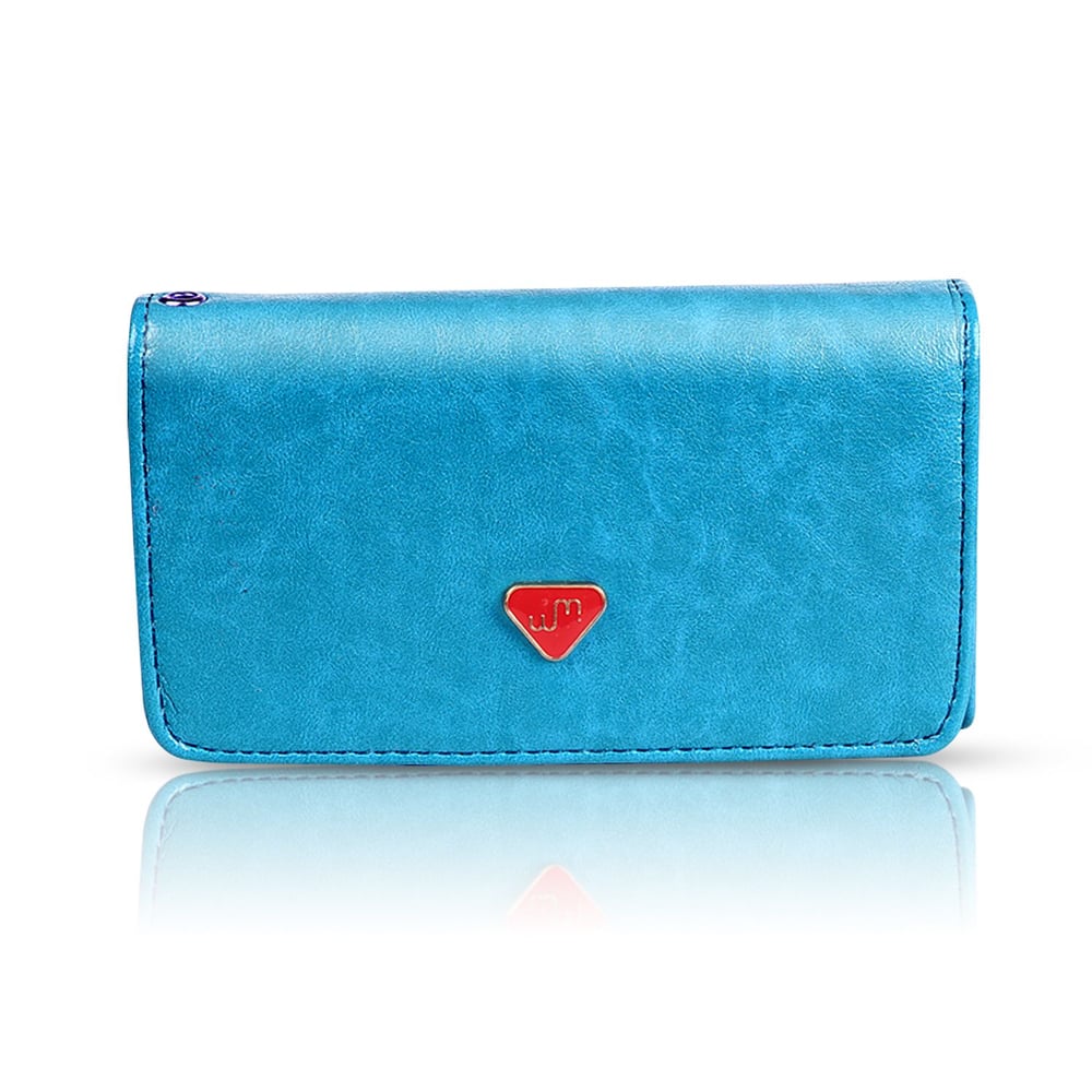 Vibrant turquoise leather wallet with a stylish red logo emblem, perfect for carrying cards and cash.