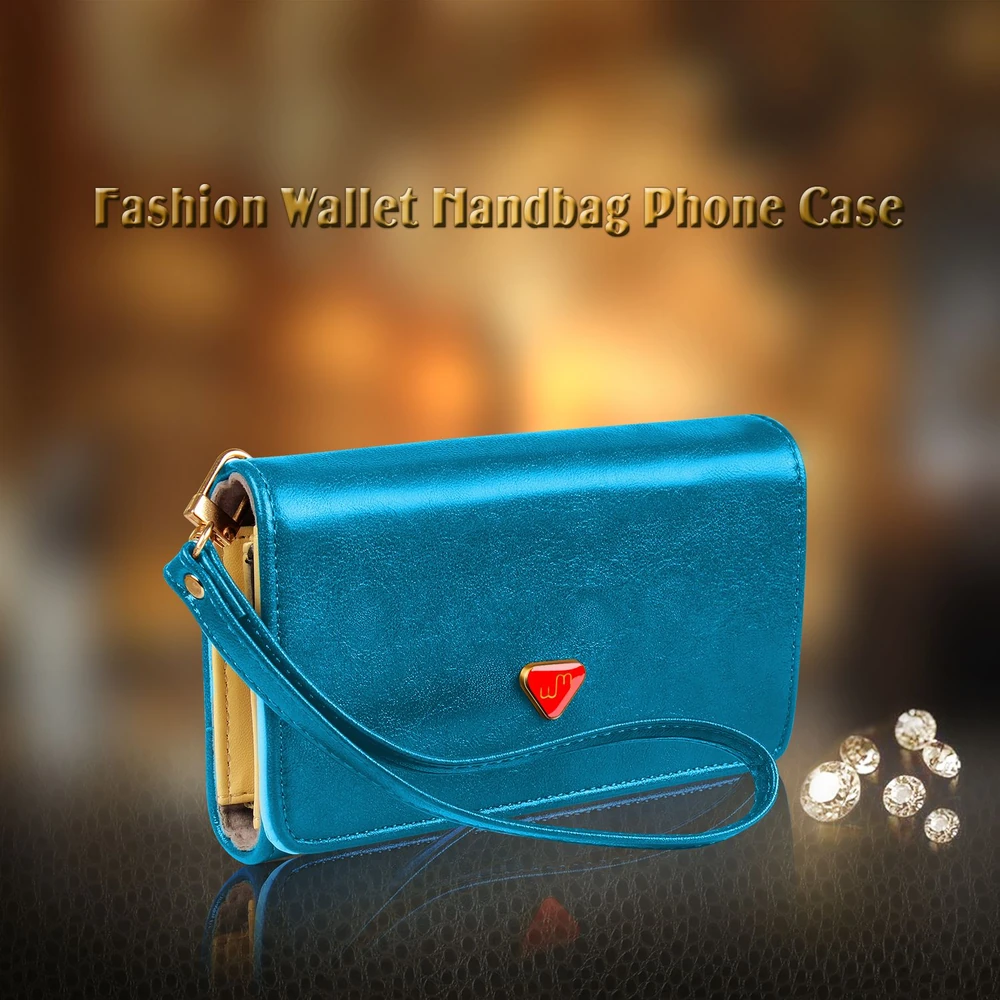 Stylish teal fashion wallet handbag phone case with wrist strap and gold accent, perfect for organizing essentials while on the go.