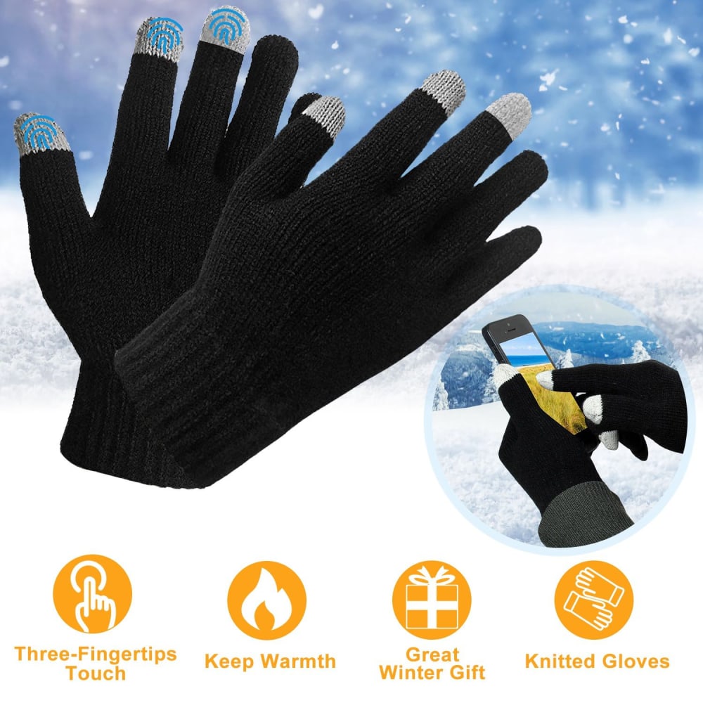 Black knitted touchscreen gloves with three fingertips designed for smartphone use, keeping hands warm in winter, ideal for outdoor activities and gifting.