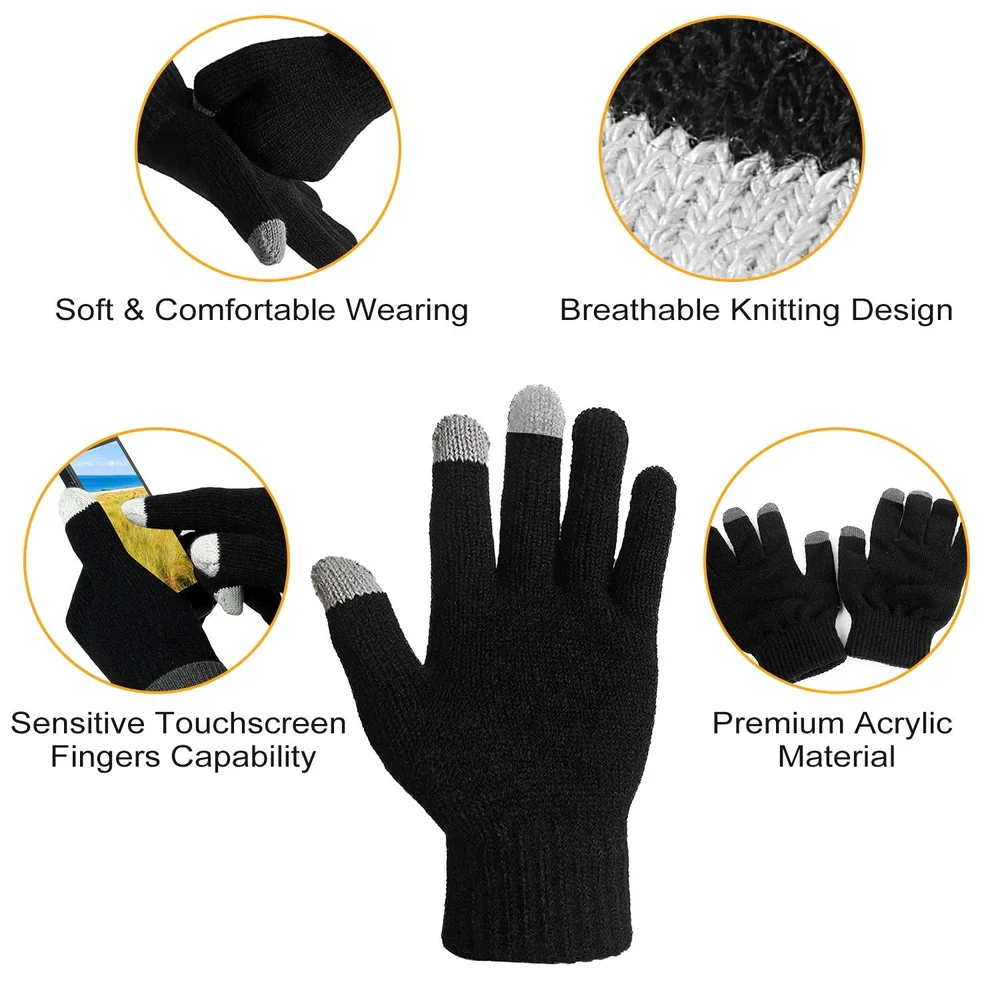 Black touchscreen gloves with grey tips, showcasing a comfortable fit and breathable knitting design, ideal for using smartphones in cold weather.