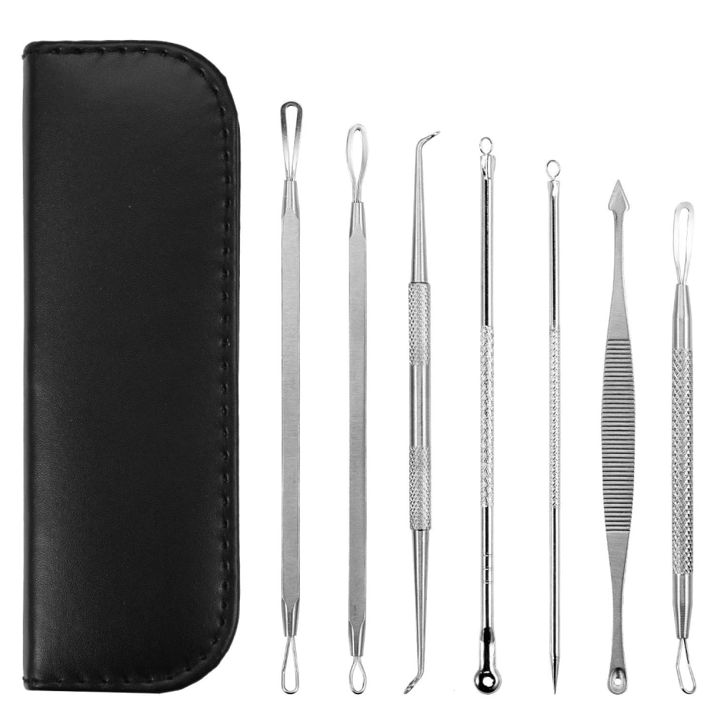 7-piece stainless steel blackhead removal tool kit with a sleek leather case.