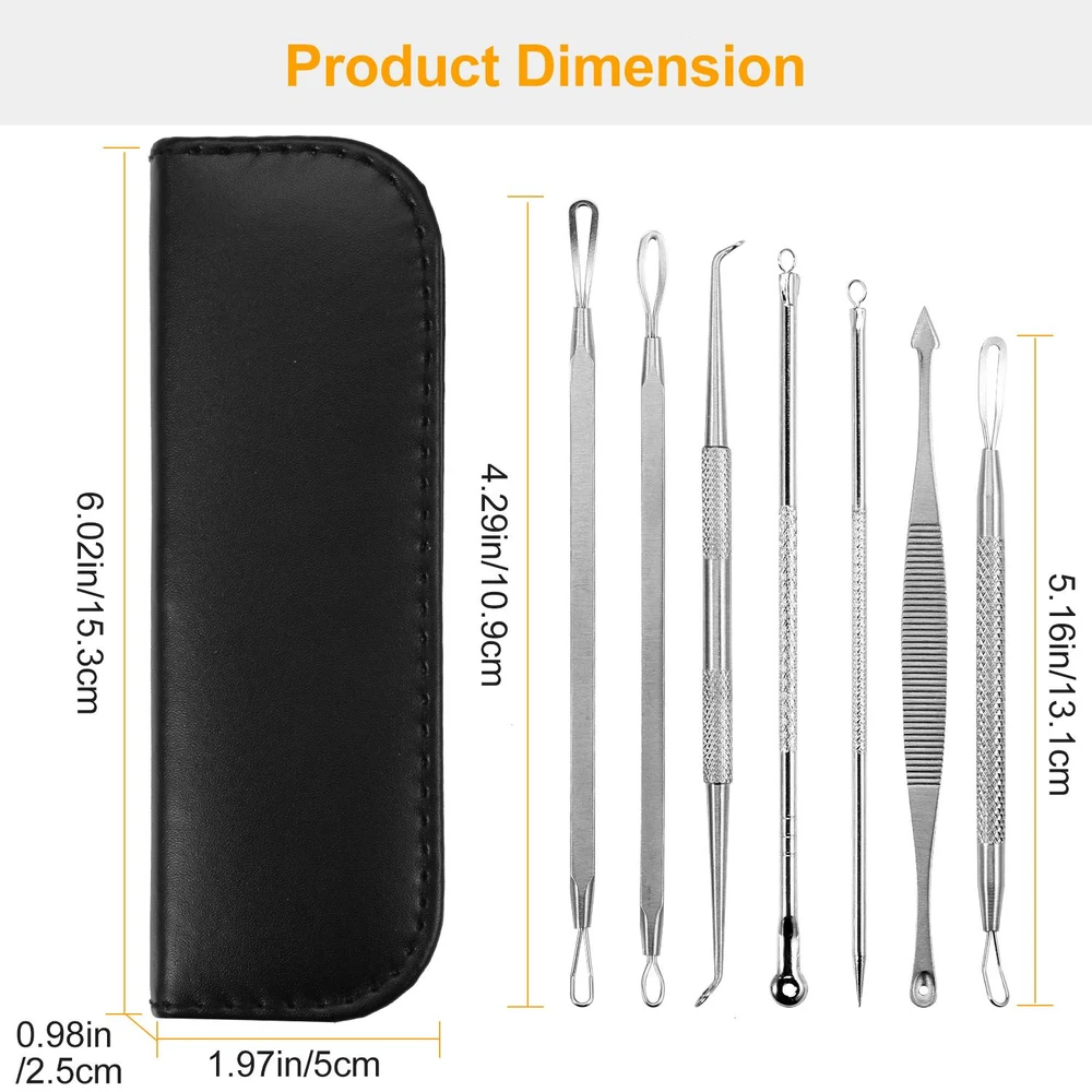 Set of eight stainless steel nail care tools displayed next to a sleek black case, with dimensions labeled for each tool and case, highlighting their functionality for manicure and pedicure.